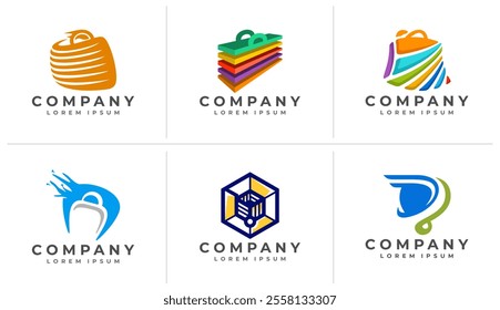 Colorful shopping bag and cart logo design set