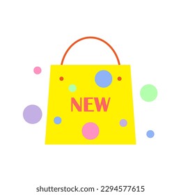 Colorful shopping bag with lettering new and pastel bubbles, package for purchase for online store, fashion sale discount, online digital purchase, E-commerce sales promotion, store.
