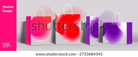 Colorful shopping bag mockups featuring gradient designs in red and purple hues. The bags are displayed against a neutral background, showcasing modern branding possibilities.