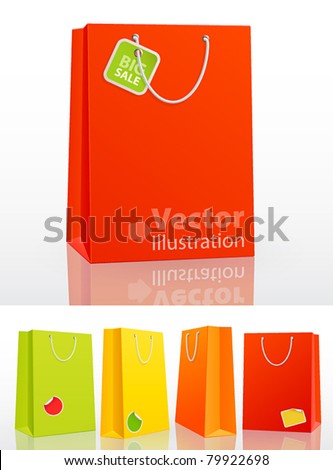 Colorful shopping bag on white background with stickers. Vector illustration.