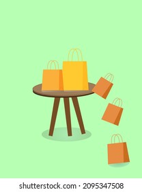 colorful shopping bag packages on a round table, for online store purchases, shopping at the mall on a green background
