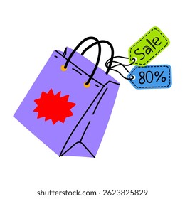 Colorful shopping bag with sale tags showcasing an 80 percent discount on items available
