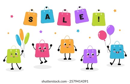 Colorful shopping bags celebrate a sale with balloons and festive decorations