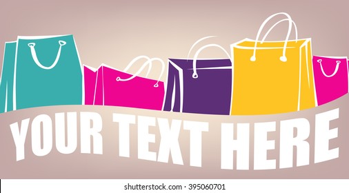 Colorful shopping bags illustration. Paper packages with wave text. Retro poster, white contours. Vector image. 