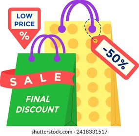 Colorful shopping bags with sale tags showing discounts. Promotion and retail concept. Discount shopping and consumerism vector illustration.