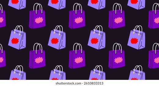 Colorful shopping bags with sale tags in a vibrant patterned design