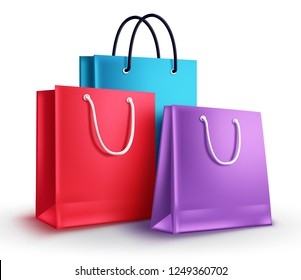 Colorful Shopping Bags Vector Illustration. Group Of Empty Paper Bags With Different Colors Isolated In White For Shopping Design Elements.
