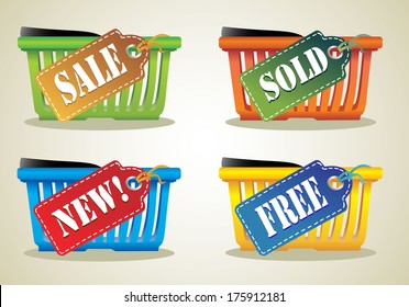 Colorful shopping basket and a sale label. 