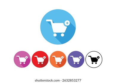 Colorful shopping cart icons with add button symbolizing online ecommerce and digital purchases