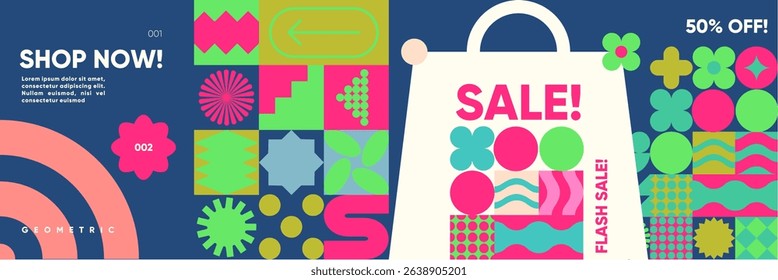 Colorful shopping composition with flash sale, bags, and flower symbols, combining playful geometric patterns and a clean sale typography.