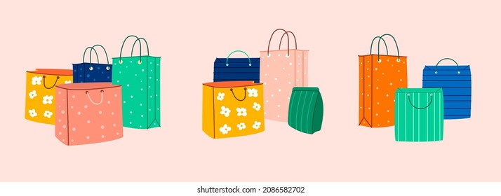 Colorful Shopping or gift bags. Set of three Hand drawn vector illustrations. Shopping package set