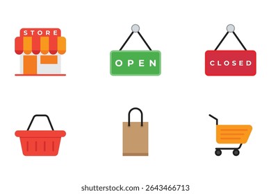Colorful shopping icon set featuring storefronts, bags, carts, and open closed signs for retail designs.
