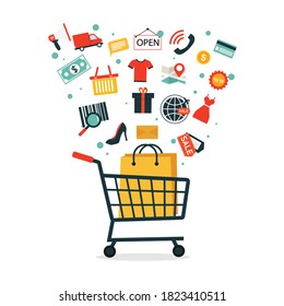 Colorful shopping online with shopping cart. business and finance concept. E-commerce and digital marketing. isolated on white background. vector illustration in flat style modern design. 