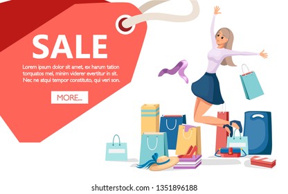 Colorful shopping paper bags. Full shopping bags, discount concept. Bags for clothes. Flat vector illustration isolated on white background. Red sale label with place for text.