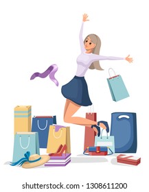 Colorful shopping paper bags. Happy women on white shirt and blue skirt. Cartoon character design. Full shopping bags, discount concept. Bags for clothes. Flat vector illustration on white background.