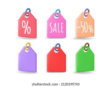 Colorful shopping price tags isolated on white background. 3d vector clipart