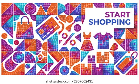 Colorful shopping vector illustration with start shopping text