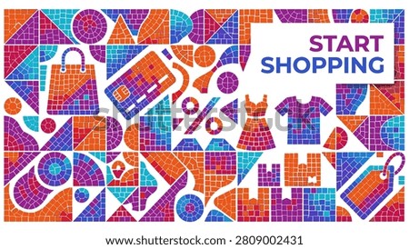 Colorful shopping vector illustration with start shopping text
