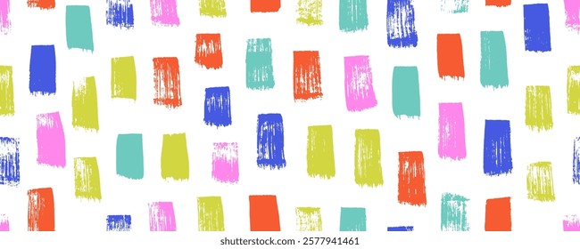 Colorful short brush strokes seamless pattern. Funky naive seamless banner design with regular vertical dashes. Funky playful brush strokes wrapping paper. Rough grunge thick paint lines texture.