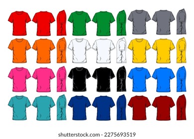 Colorful short sleeve t-shirt template, front, side and back view