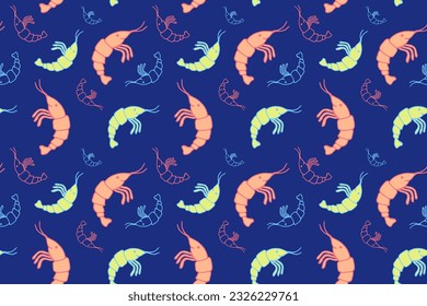 Colorful shrimp seamless pattern, blue background for seafood menu with prawns, editable doodle hand drawing