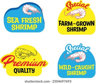 Colorful shrimp sticker label with a playful, modern style, perfect for seafood packaging, branding, label templates, and prawn icons. Seafood badges, labels and design elements.