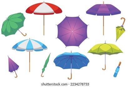 Colorful shut and open umbrellas collection flat vector illustration isolated on white background. Sun and rain protecting umbrellas for summer and autumn season bundle.