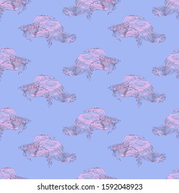 Colorful siam fish, seamless pattern on blue background. Vector illustration, watercolor imitation.