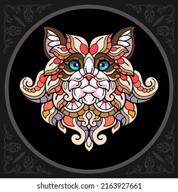 Colorful siamese cat head zentangle arts. isolated on black background.