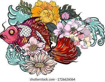 Coloridos peces combativos siameses o betta nadando en olas japonesas con flores de peonía y margarita para el diseño de arte de tatuajes dibujados a mano en marco de ornamento geométrico y circular