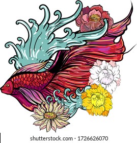 Colorful Siamese fighting fish or betta fish swimming in Japanese wave with peony and daisy flowers for hand drawn tattoo art design in  geometric and circular ornament frame