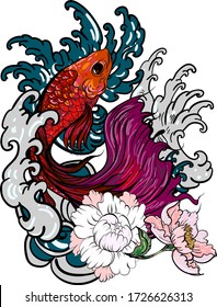 Colorful Siamese fighting fish or betta fish swimming in Japanese wave with peony and daisy flowers for hand drawn tattoo art design in  geometric and circular ornament frame