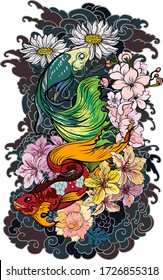 Colorful Siamese fighting fish or betta fish swimming in Japanese wave with peony and daisy flowers for hand drawn tattoo art design in  geometric and circular ornament frame