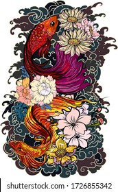 Colorful Siamese fighting fish or betta fish swimming in Japanese wave with peony and daisy flowers for hand drawn tattoo art design in  geometric and circular ornament frame