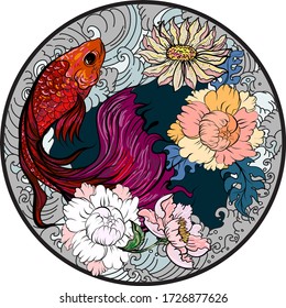 Colorful Siamese fighting fish or betta fish swimming in Japanese wave with peony and daisy flowers for hand drawn tattoo art design in  geometric and circular ornament circle frame.