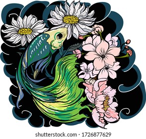 Coloridos peces combativos siameses o betta nadando en olas japonesas con flores de peonía y margarita para el diseño de arte de tatuajes dibujados a mano en marco de ornamento geométrico y circular