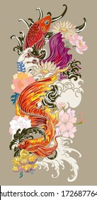 Coloridos peces combativos siameses o betta nadando en olas japonesas con flores de peonía y margarita para el diseño de arte de tatuajes dibujados a mano en marco de ornamento geométrico y circular