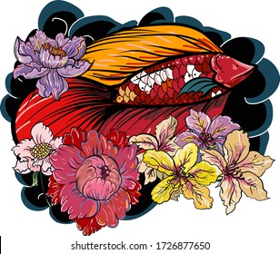 Colorful Siamese fighting fish or betta fish swimming in Japanese wave with peony and daisy flowers for hand drawn tattoo art design in  geometric and circular ornament frame