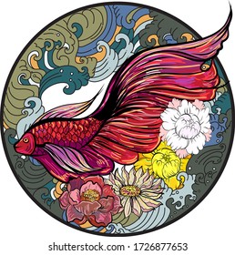 Colorful Siamese fighting fish or betta fish swimming in Japanese wave with peony and daisy flowers for hand drawn tattoo art design in  geometric and circular ornament circle frame.