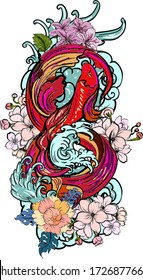 Colorful Siamese fighting fish or betta fish swimming in Japanese wave with peony and daisy flowers for hand drawn tattoo art design in  geometric and circular ornament frame