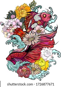 Colorful Siamese fighting fish or betta fish swimming in Japanese wave with peony and daisy flowers for hand drawn tattoo art design in  geometric and circular ornament frame