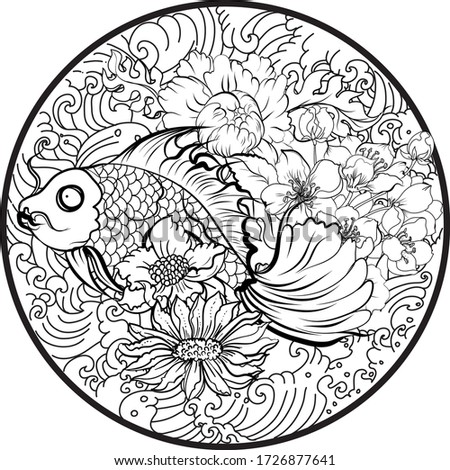 Colorful Siamese fighting fish or betta fish swimming in Japanese wave with peony and daisy flowers for hand drawn tattoo art design in  geometric and circular ornament circle frame.