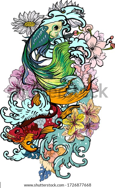 Colorful Siamese fighting fish or betta fish\
swimming in Japanese wave with peony and daisy flowers for hand\
drawn tattoo art design in  geometric and circular ornament\
frame.Arm sleeve\
tattoo