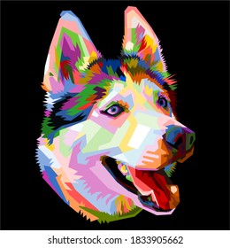 colorful Siberian Husky dog head with cool isolated pop art style backround. WPAP style