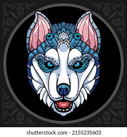 Colorful Siberian husky dog zentangle arts. isolated on black background.