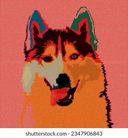 Colorful Siberian Husky face overlap transparent with risograph effect. Dog smiling high contrast defect screen printing effect vivid colors.