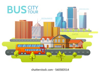 Colorful sightseeing tour template with travel bus and beautiful summer cityscape vector illustration