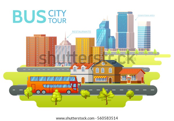 Colorful sightseeing tour\
template with travel bus and beautiful summer cityscape vector\
illustration