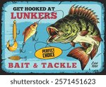Colorful sign invites anglers to Lunkers Bait and Tackle showcasing a giant fish and fishing lures against a vibrant background promoting local fishing experiences and gear.