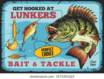 Colorful sign invites anglers to Lunkers Bait and Tackle showcasing a giant fish and fishing lures against a vibrant background promoting local fishing experiences and gear.